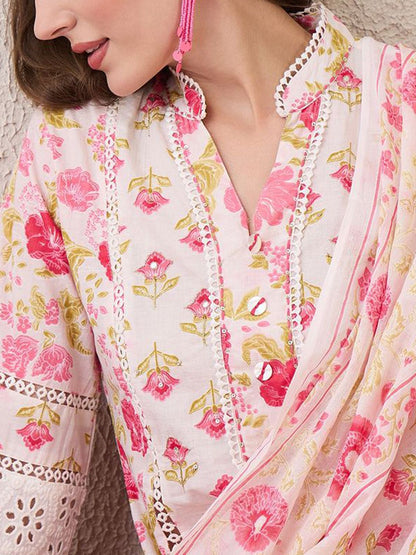 Floral Embroidered Mandarin Collar Pure Cotton Kurta With Trousers & Dupatta