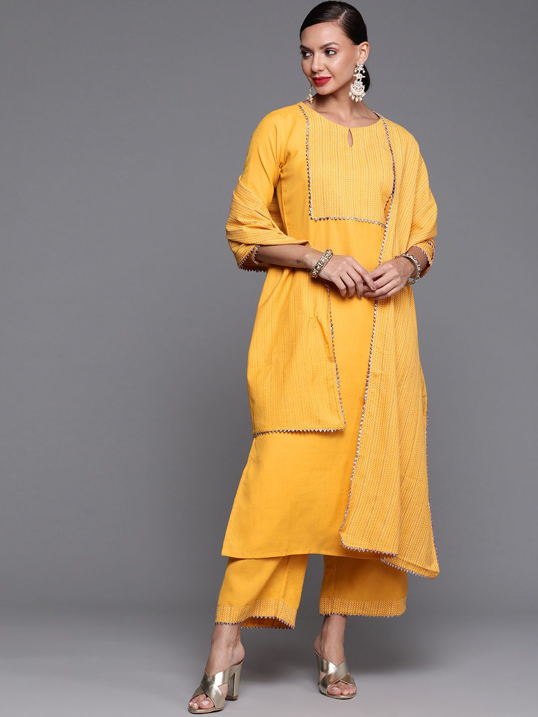 Women Mustard Yellow Yoke Design Kurta with Palazzos & Dupatta