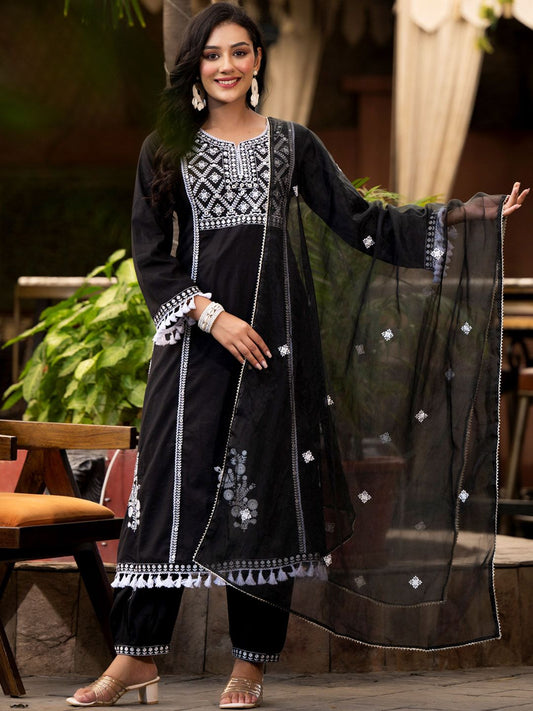 Dhiyona VA Women'sEthnic Motif Thread Embroidered A-Line Kurta With Afghani Trousers & Dupatta