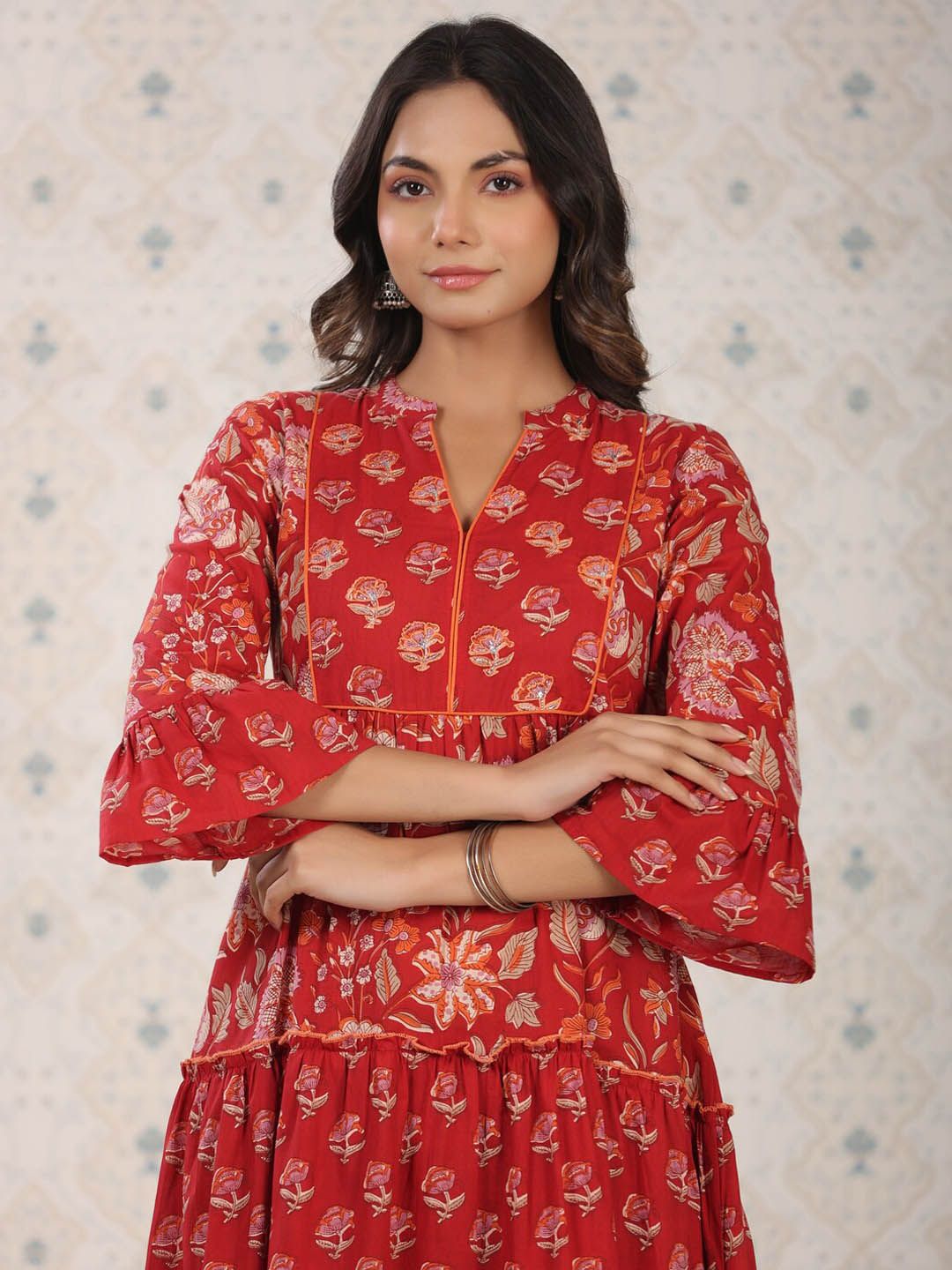 Dhiyona OD  Ethnic Motifs Printed Bell Sleeves A-Line Cotton Kurta