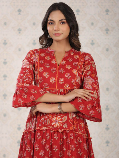 Dhiyona OD  Ethnic Motifs Printed Bell Sleeves A-Line Cotton Kurta