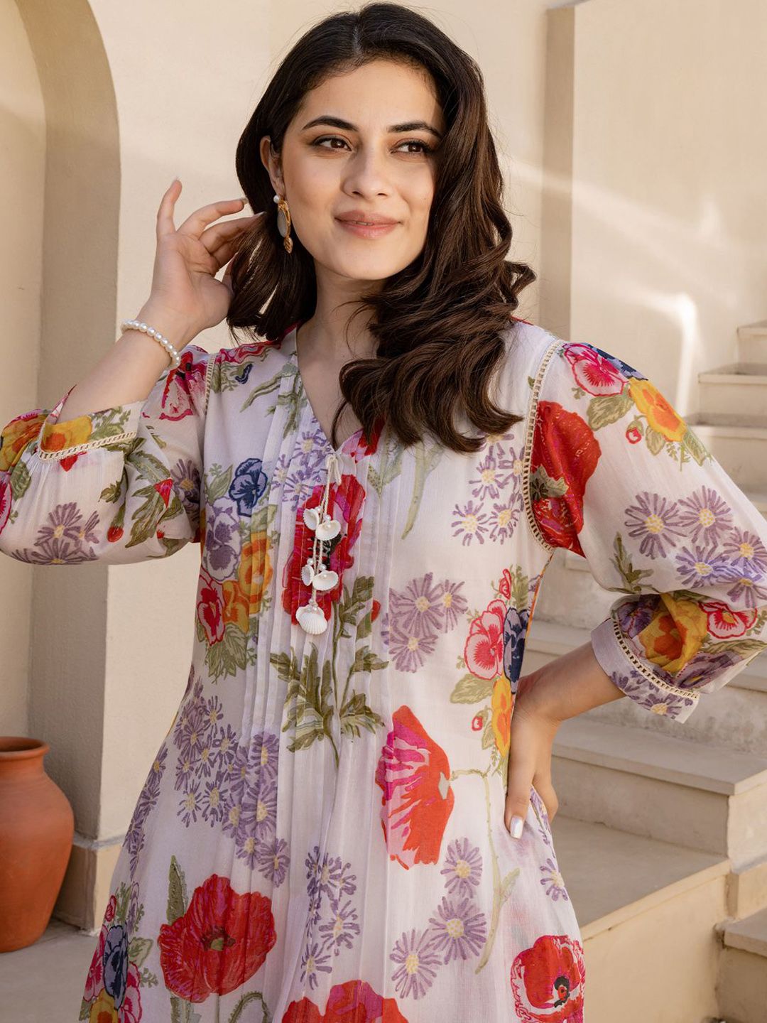 Dhiyona IE Women Floral Printed V-Neck Pure Cotton A-Line Kurta with Trouser