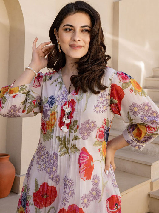 Women Floral Printed V-Neck Pure Cotton A-Line Kurta with Trouser