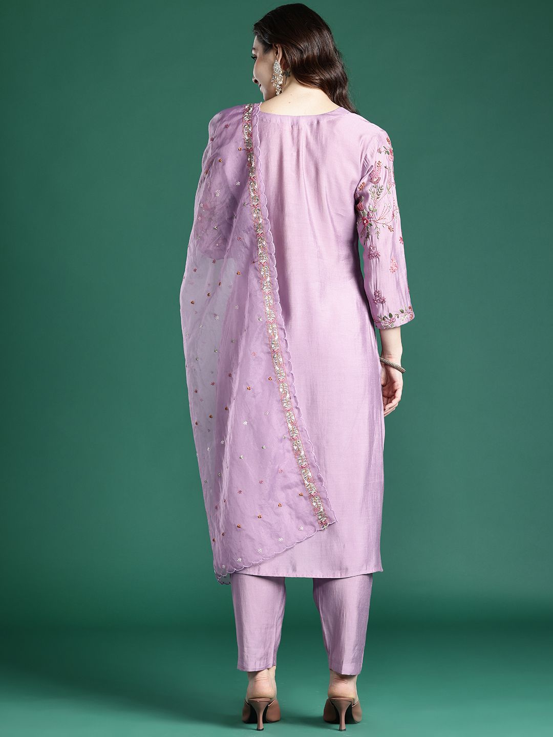 Floral Embroidered Kurta with Trousers & Dupatta