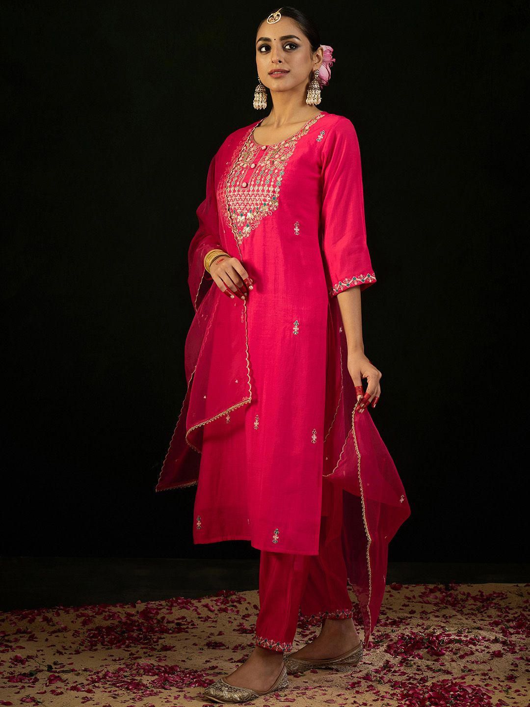 Floral Embroidered Sequinned Straight Kurta & Trousers With Dupatta