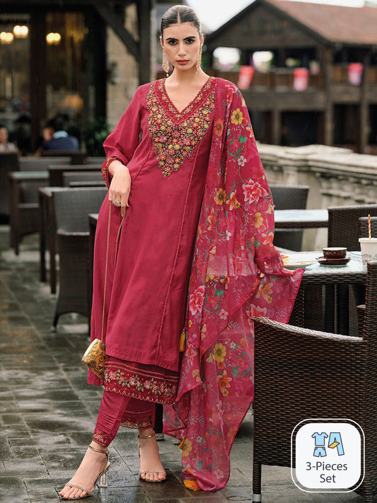 Dhiyona IE Floral Embroidered Panelled Thread Work A-Line Kurta With Trousers & Dupatta