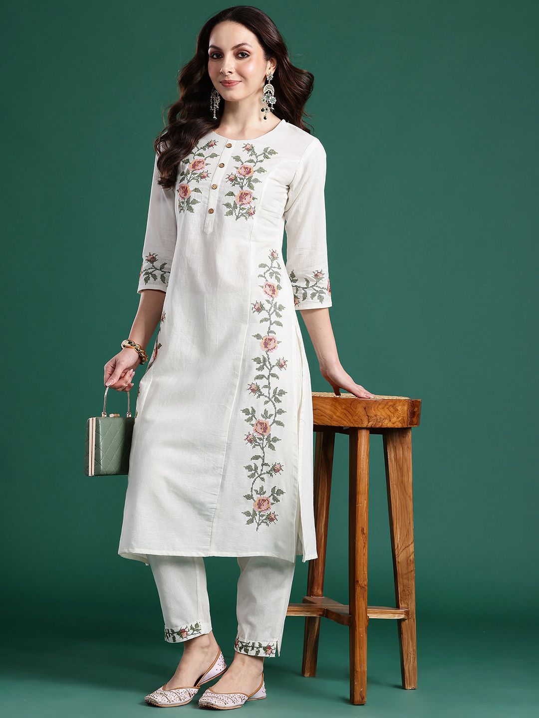 Dhiyona IE Floral Embroidered Pure Cotton Kurta with Trousers