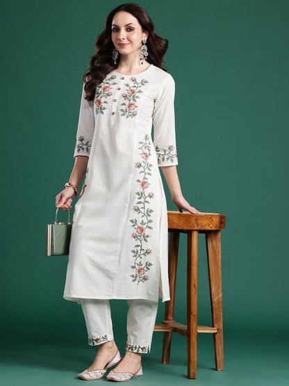 Dhiyona IE Floral Embroidered Pure Cotton Kurta with Trousers