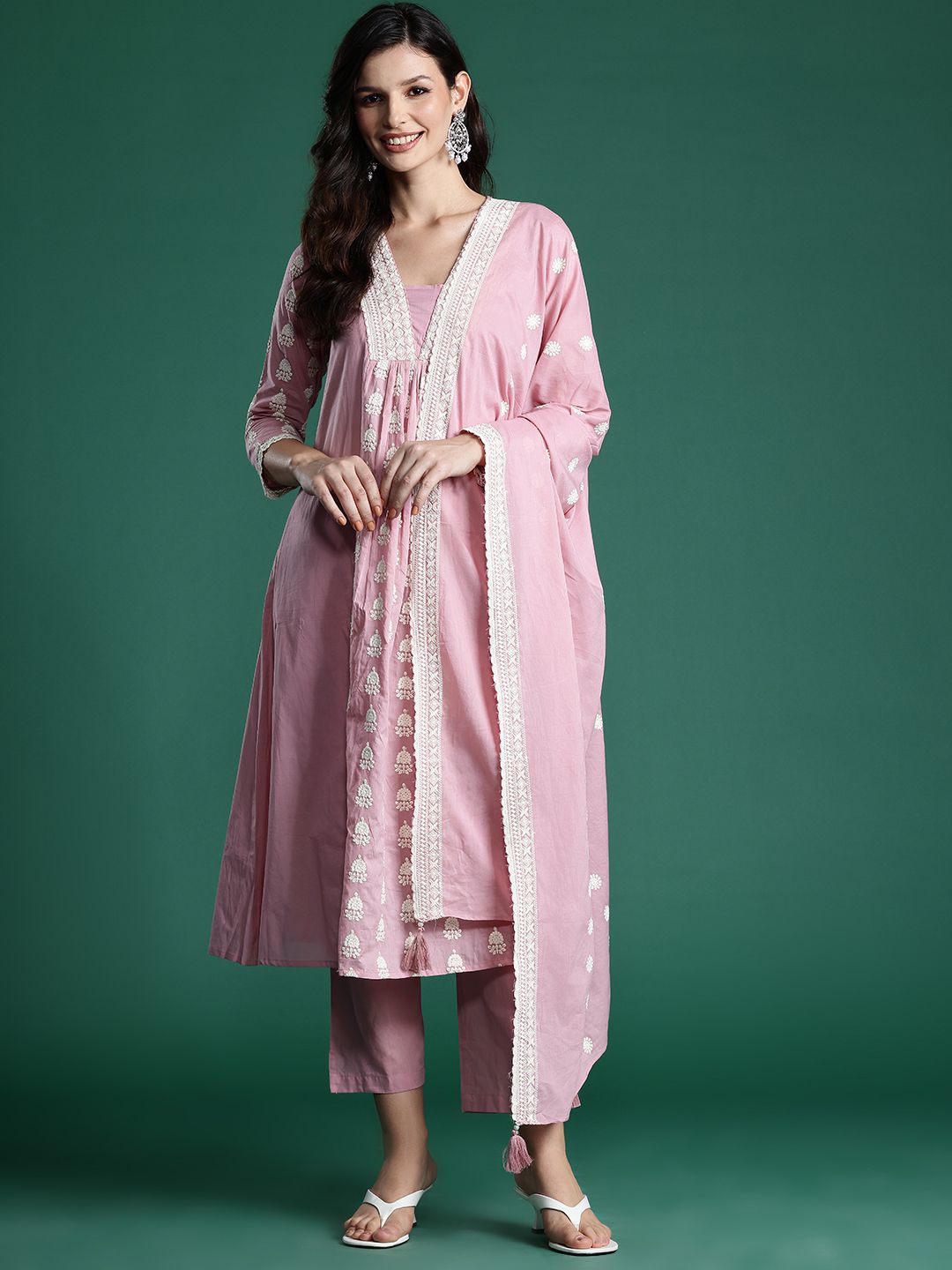 Ethnic Motifs Embroidered Pleated Thread Work Pure Cotton Kurta Set