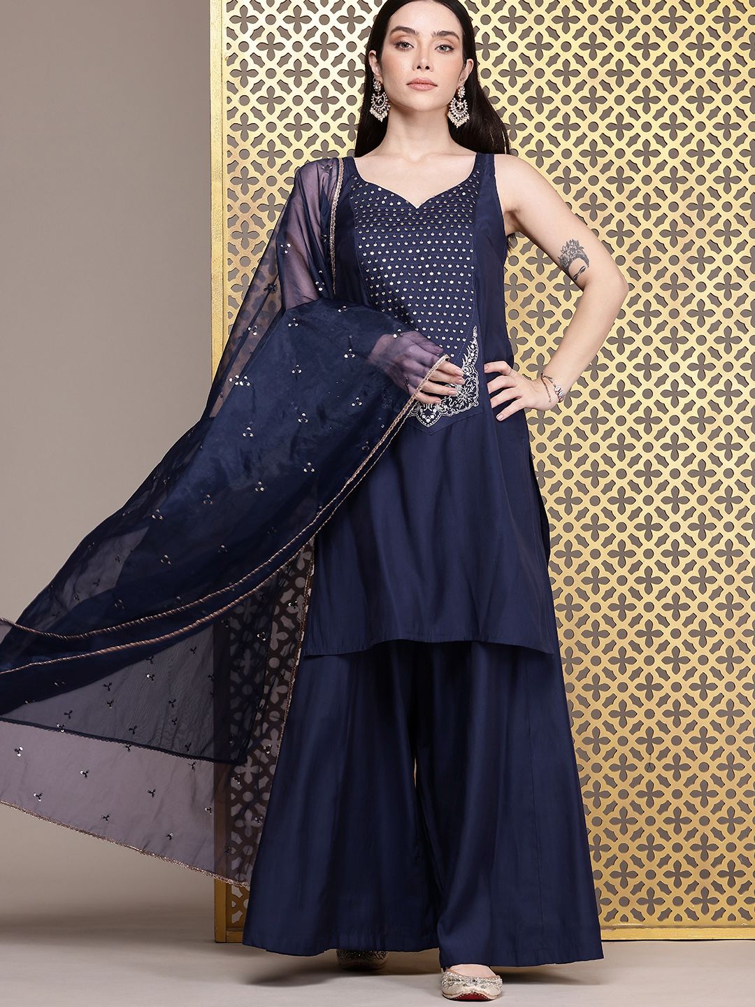 Dhiyona PD Women Embroidered Sequinned Jashn Kurta With Palazzos & Dupatta