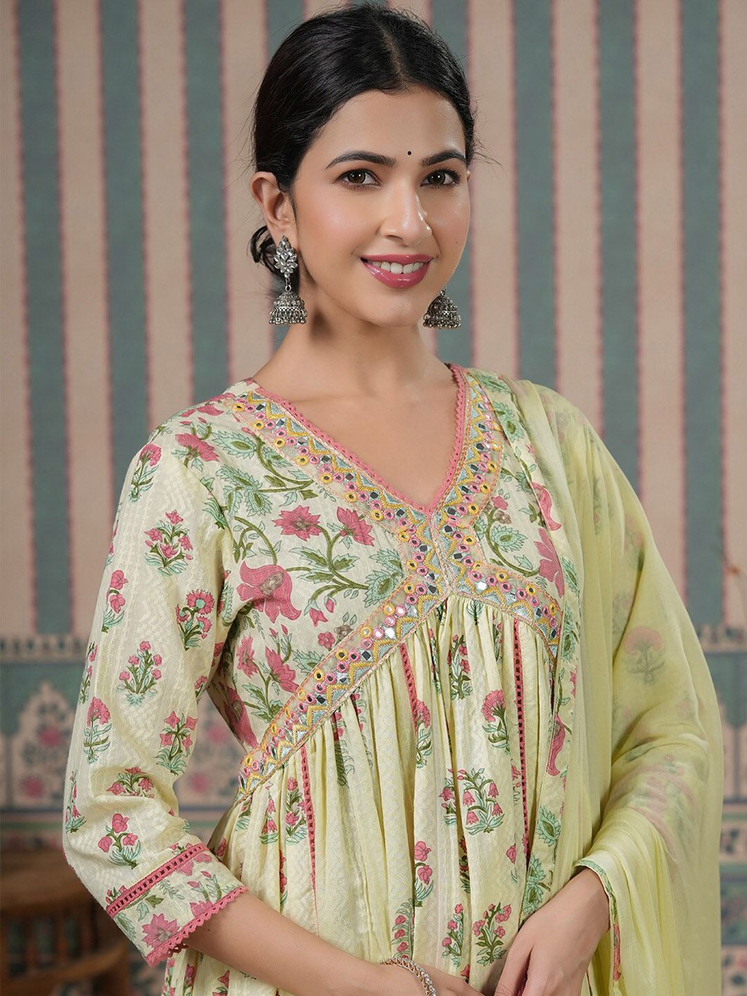Dhiyona IS Women's Ethnic Motifs Embroidered Empire Mirror Work Anarkali Kurta With Trousers & Dupatta