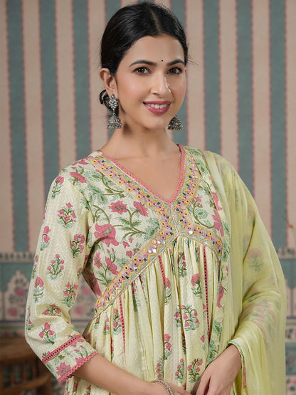 Dhiyona IS Women's Ethnic Motifs Embroidered Empire Mirror Work Anarkali Kurta With Trousers & Dupatta