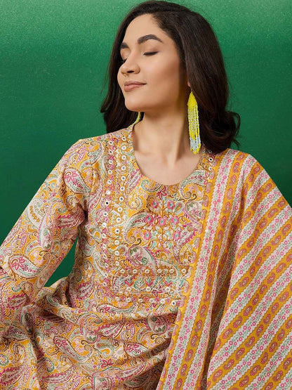 Dhiyona SN Women's Mustard Yellow Printed Pure Cotton Straight Kurta With Trousers & Dupatta