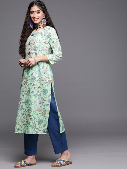 Dhiyona VA Women's Blue Pure Cotton Floral Printed Sequinned Kurta with Trousers & With Dupatta