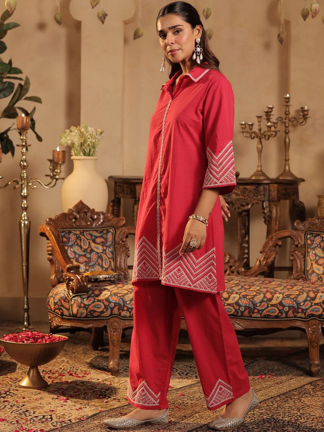 Dhiyona IE Women Embroidered Shirt Collar Pure Cotton Tunic & Trouser Co-Ord Set