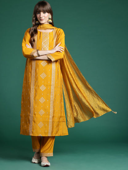 Ethnic Motifs Embroidered Regular Sequinned Kurta with Trousers & Dupatta