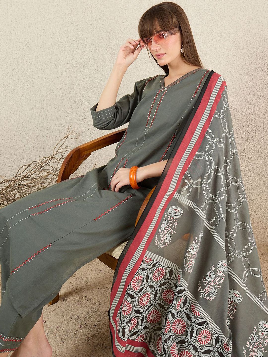 Women Solid Embroidered Cotton Kurta with Trousers & Dupatta