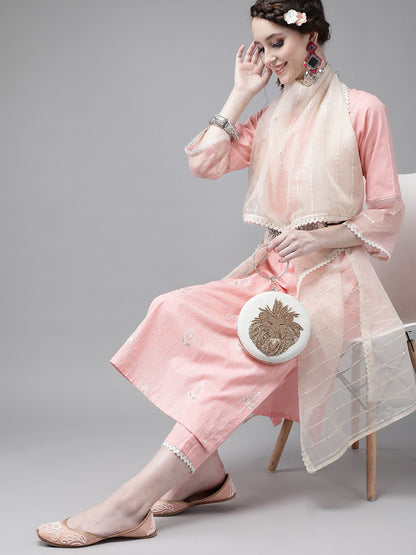 Women Pink Pure Cotton Ethnic Motifs Sequinned Kurta with Trousers & Dupatta
