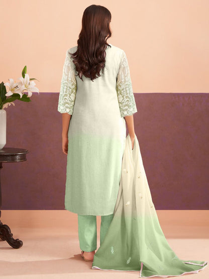 Floral Embroidered Sequinned Straight Organza Kurta With Trousers And Dupatta