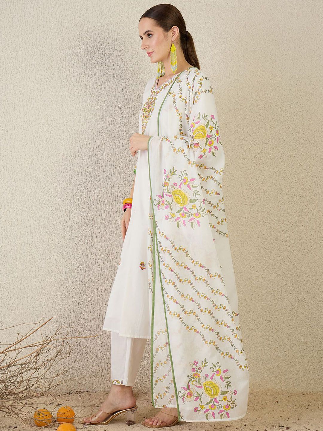 Floral Printed V-Neck Pure Cotton Straight Kurta With Trouser & Dupatta