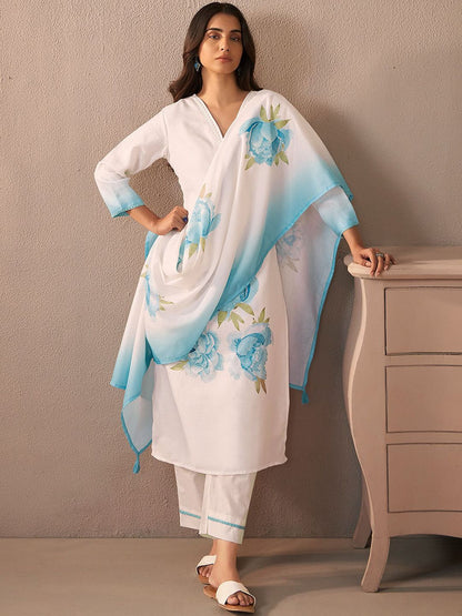 Floral Printed V-Neck Linen Straight Kurta With Trousers & Dupatta