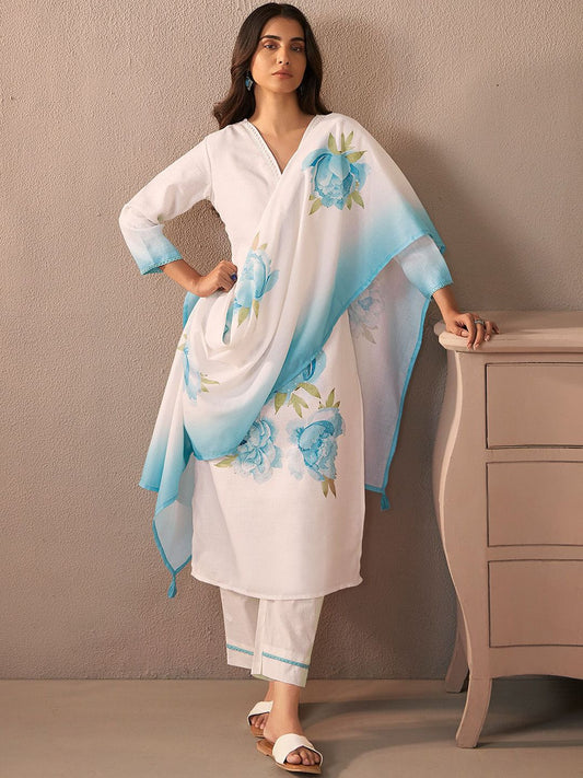 Floral Printed V-Neck Linen Straight Kurta With Trousers & Dupatta