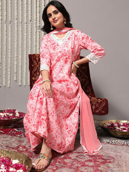 Dhiyona VA Women'sFloral Printed A-Line Kurta With Trousers & Dupatta