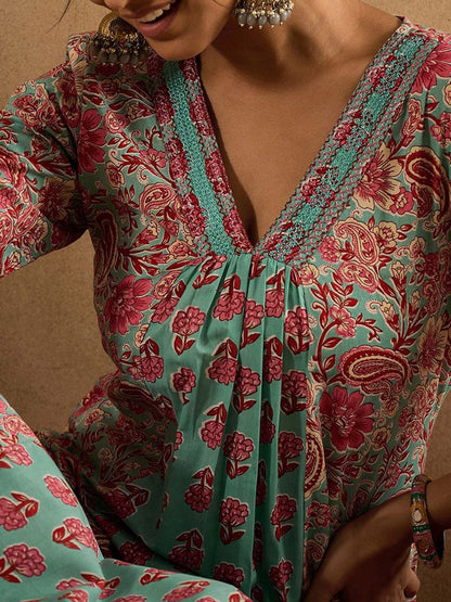 Dhiyona IE Paisley Printed V-Neck Pure Cotton A-Line Kurta