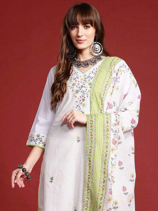 Floral Embroidered Thread Work Kurta with Trousers & With Dupatta