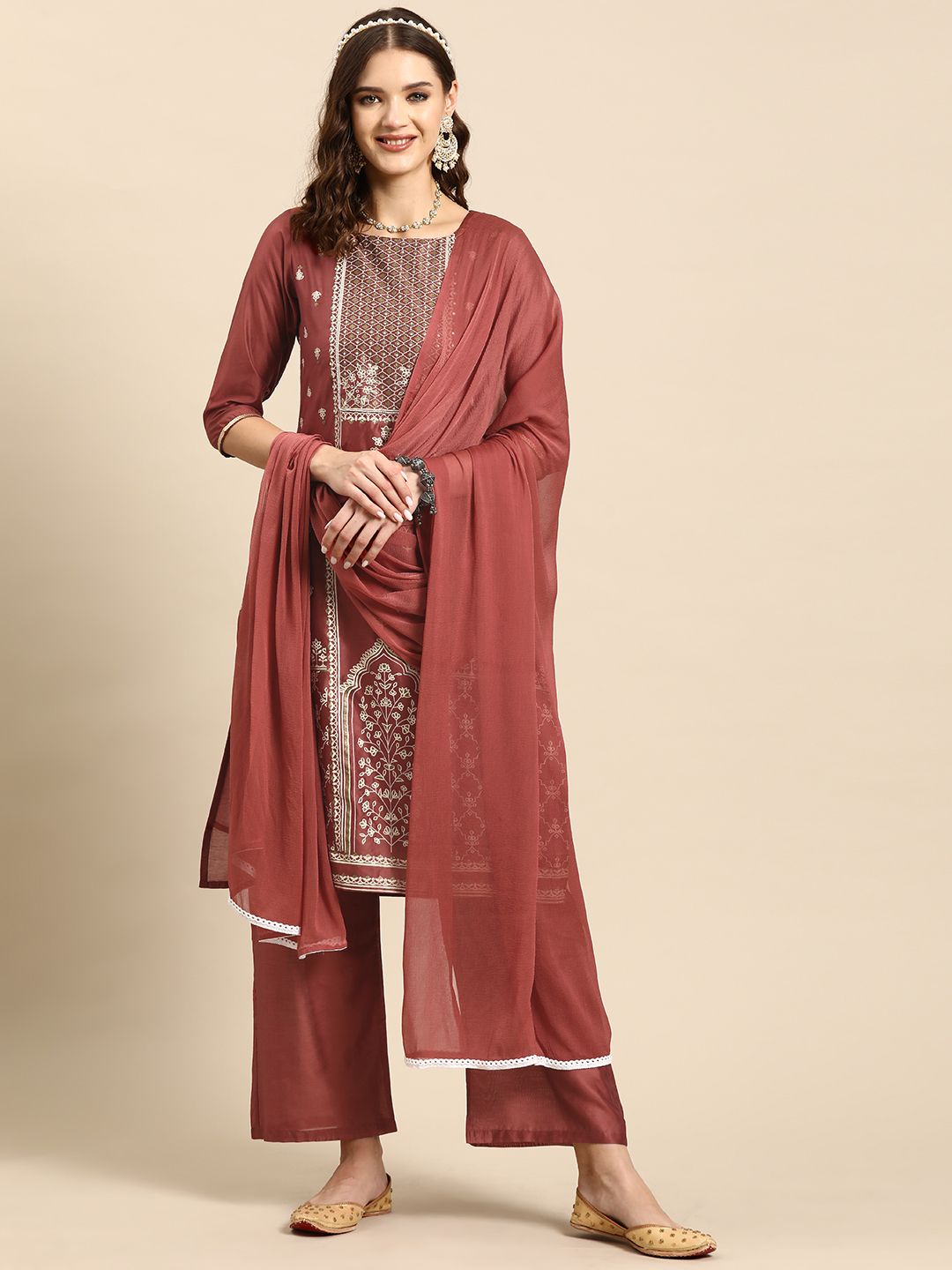 Dhiyona SN Women's Ethnic Motifs Printed Sequinned Chanderi Cotton Kurta with Palazzos & Dupatta