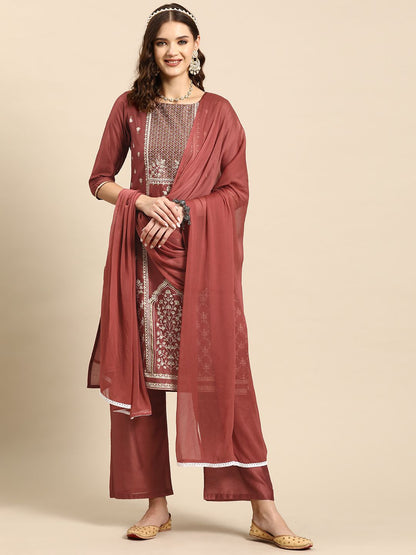 Dhiyona SN Women's Ethnic Motifs Printed Sequinned Chanderi Cotton Kurta with Palazzos & Dupatta