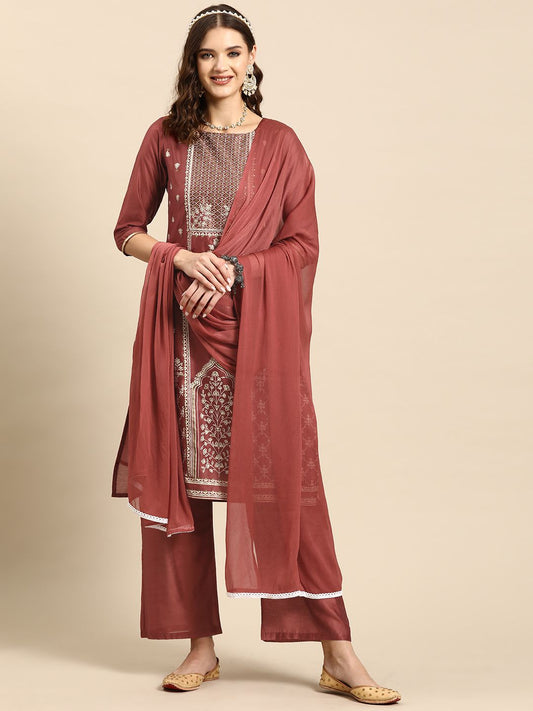 Dhiyona SN Women's Ethnic Motifs Printed Sequinned Chanderi Cotton Kurta with Palazzos & Dupatta