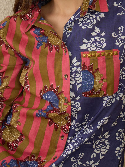 Dhiyona IE Floral Screen Printed Shirt Collar Pure Cotton Straight Kurta With Trousers