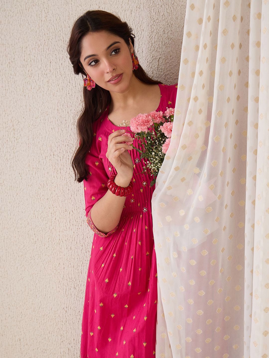 Dhiyona IE Floral Printed Pure Cotton Round Neck A-Line Tunic With Trousers Co-Ords