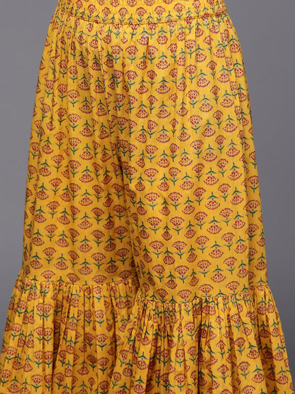 Dhiyona VA Women's Mustard Yellow Ethnic Motifs Printed Pure Cotton Kurta with Sharara & With Dupatta
