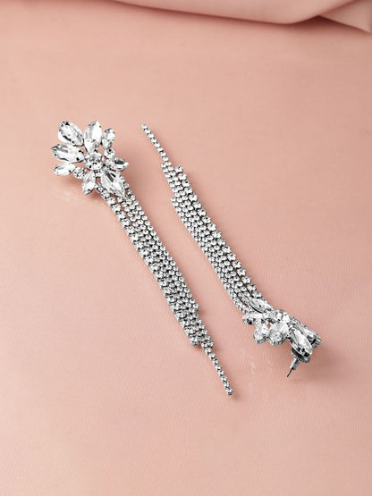 Dhiyona RJ Women's Rhodium Plated Crystal AD & Zirconia Studded MultiLayer Shoulder Drop Earrings