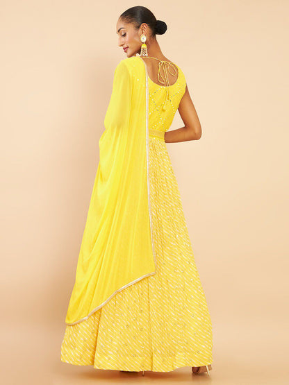 Dhiyona SO Women's Women Yellow Embroidered Empire Mirror Work Kurta with Trousers & With Dupatta