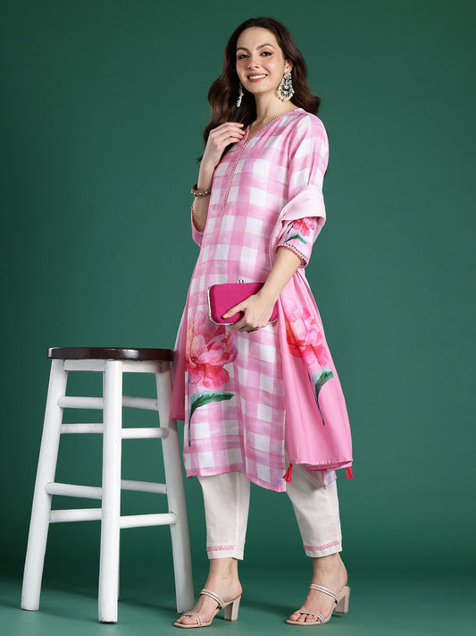 Dhiyona IE Floral Printed Beads and Stones Linen Kurta with Trousers & With Dupatta