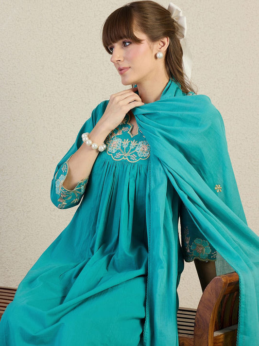 Dhiyona IE Women Embroidered Beads & Stones Pure Cotton Kurta with Trousers & Dupatta