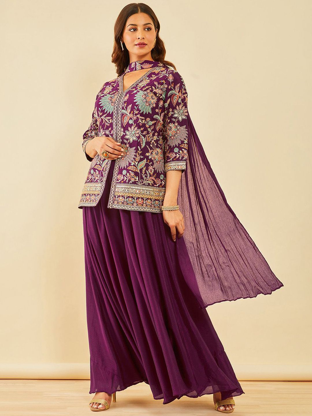 Dhiyona SO Women's Embroidered Regular Thread Work Straight Kurta with Sharara & With Dupatta
