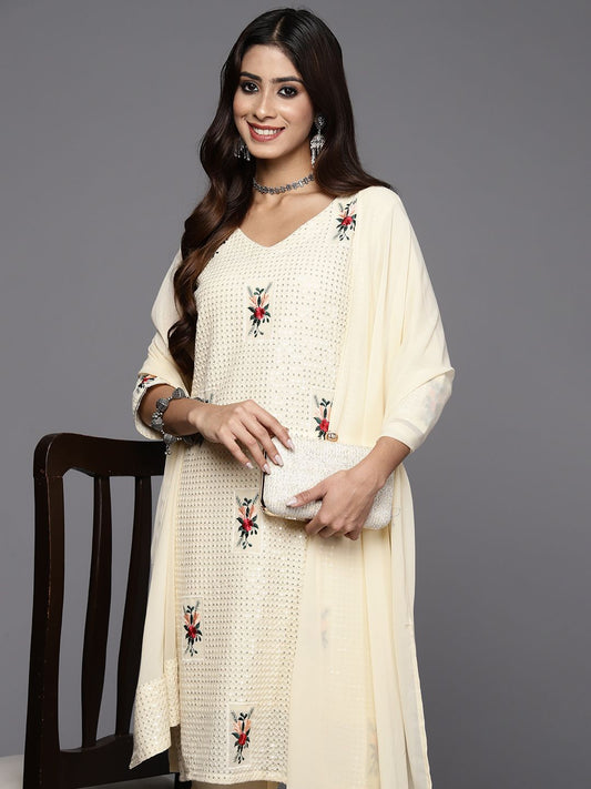 Dhiyona IE Women Floral Embroidered Regular Sequinned Kurta with Sharara & With Dupatta
