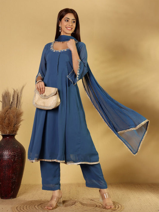 Dhiyona VA Women's Panelled Thread Work Anarkali Kurta with Palazzos & Fringed Dupatta