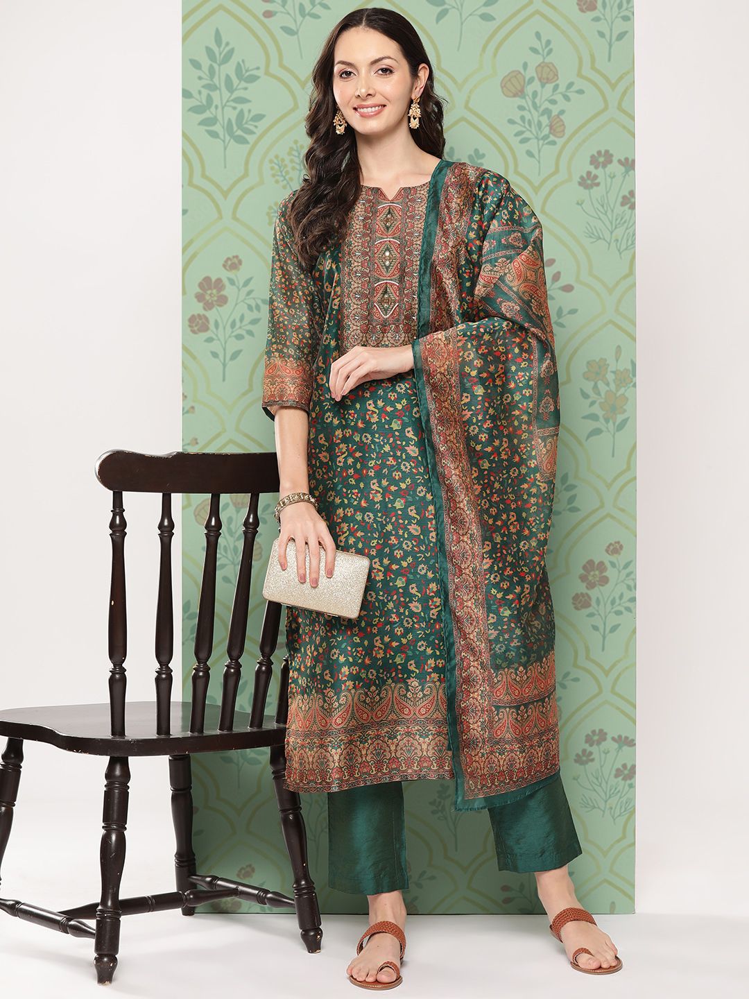 Dhiyona VA Women's Ethnic Motifs Printed Regular Chanderi Cotton Kurta with Trousers & Dupatta