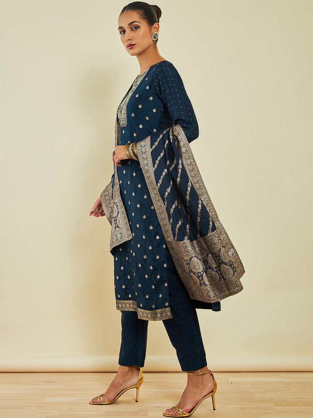 Dhiyona SO Women's Ethnic Motifs Embroidered Silk Kurta with Trousers & With Dupatta