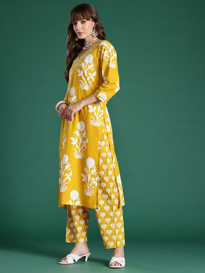 Dhiyona IE Floral Printed Mirror Work Pure Cotton Kurta with Trousers & With Dupatta
