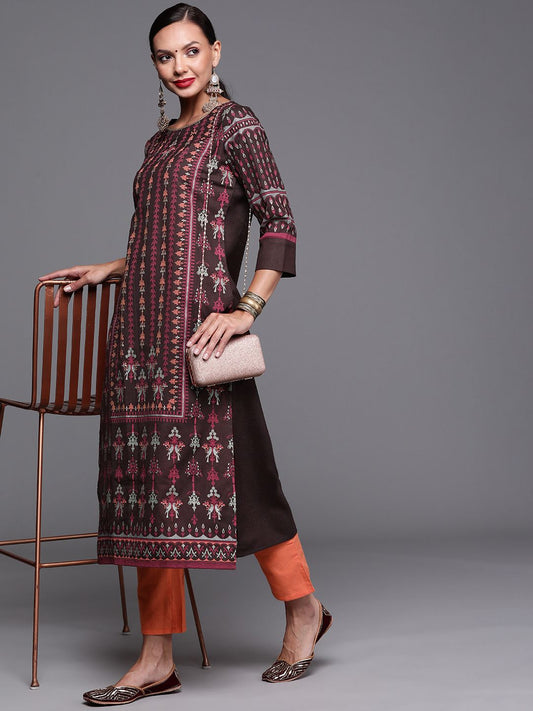 Dhiyona IE Women Coffee Brown & Orange Ethnic Motifs Printed Floral Kurta