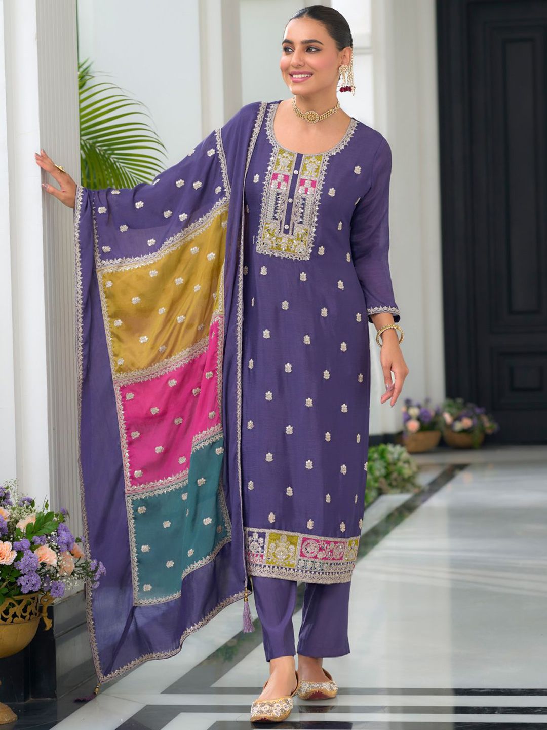 Women Ethnic Motifs Embroidered Regular Mirror Work Kurta with Trousers & With Dupatta