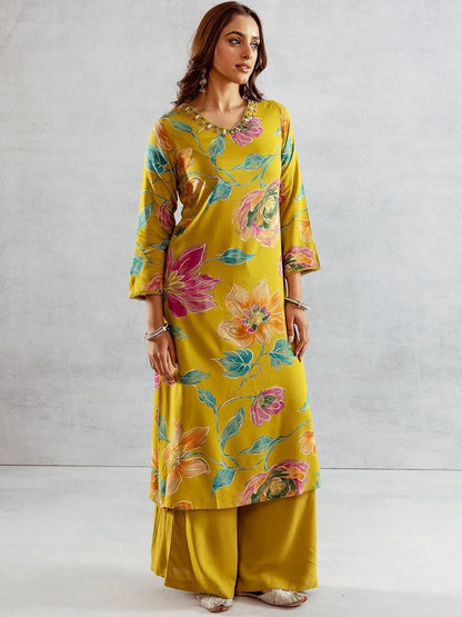 Dhiyona IS Women's Floral Printed V-Neck Kurta With Palazzo