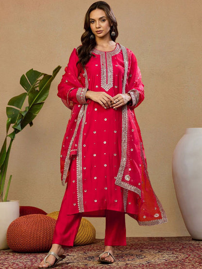 Dhiyona PD Women Embroidered Straight Kurta & Trousers With Dupatta