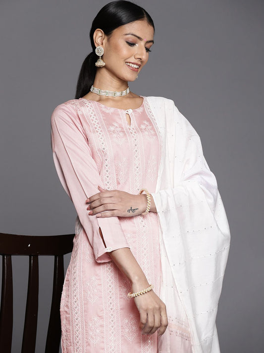 Dhiyona VA Women's Peach-Coloured Floral Embroidered Chikankari Chanderi Cotton Kurta Set